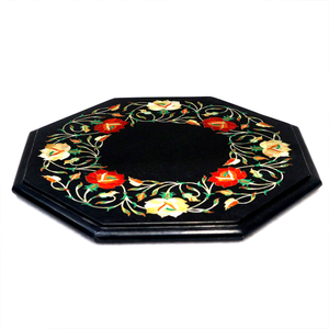 Assiette décorative octogonale en marbre noir avec incrustations, art floral Pietra Dura, décoration de table et murale faite à la main - Product Image 2