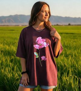 T-shirt pour femme à manches courtes, col rond, imprimé floral bordeaux, coupe ample, décontracté, printemps-été, 100% coton jersey - Product Image 3