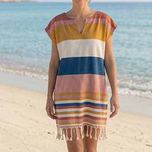 Poncho de plage à capuche rayé jaune, serviette paréo portable avec franges, poncho indien tissé à la main pour la plage, pour adulte - Product Image 5