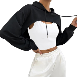 Sudadera Corta con Capucha Negra para Mujer, Manga Murciélago, Color Sólido, Diseño Asimétrico Oversize, Estilo Casual de Otoño - Product Image 1