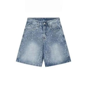 Men's Mid Waist Washed Denim Shorts Front Vintage Style Solid Pattern Spandex <b>Fabric</b> Drawstring Closure <b>Rhinestone</b> Decoration - Product Image 1