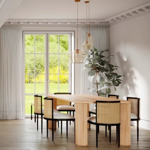 Ensemble de salle à manger scandinave moderne en bois, table rectangulaire avec chaises à dossier en rotin pour la salle à manger à domicile - Product Image 1