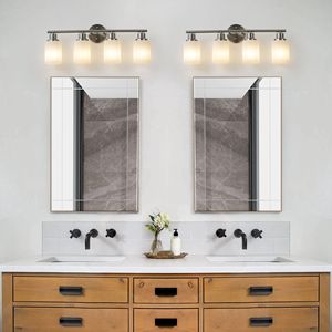 24\" Modern 4-<b>Light</b> Vanity Wall <b>Sconce</b> Brushed Nickel Finish Frosted Glass Shades for Bathroom Hallway Lighting No Bulb Required - Product Image 2