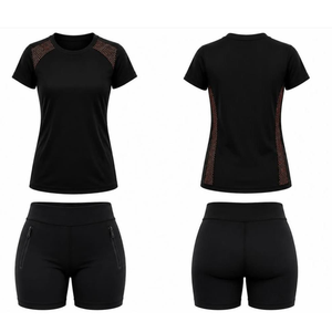 Women's Solid Knitted Rhinestone Gym Training Suit | Stretchable Workout Set for Yoga & Fitness | Short Sleeves - Product Image 4