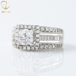 Princess Moissanite Engagement <b>Ring</b> with Quad Diamond Band, Baguette & Round Cut Halo Design, 14K Solid White Gold <b>Ring</b> - Product Image 6
