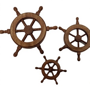 ล้อเรือไม้ขัดเงา | ดีไซน์ตกแต่งทะเลพวงมาลัยเรือไม้ชุดตกแต่งบ้าน3ชิ้น - Product Image 1