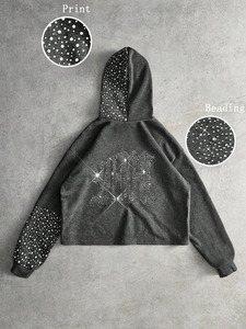 Unisex Cropped Fleece Hoodies <b>For</b> Men's Rhinestone Back Graphic Contrast Sleeve Street wear Pullover Custom Bulk Supply USA - Product Image 6