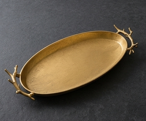 Modern Minimalist Oval <b>Gold</b> <b>Serving</b> <b>Tray</b> Textured Metal Food Platter With Antler Branch Handles Tabletop Organizer Gift Bulk - Product Image 4