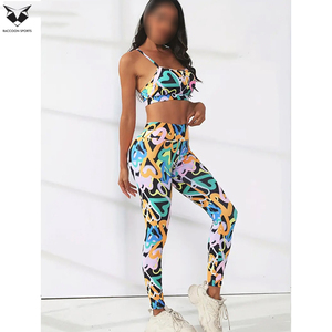 Good Quality Abstract Geometric Print Yoga Set High Waist Leggings Spaghetti Strap <b>Crop</b> <b>Top</b> Full Length Two Piece Workout Wear - Product Image 3