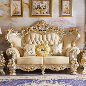 Ensemble canapé-lit Plaza de luxe au design français en bois d'acajou sculpté couleur crème et or, avec revêtement en tissu garni d'éponge pour salon - Product Image 4