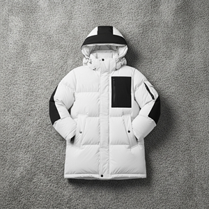 Men's <b>Long</b> <b>Hooded</b> <b>Puffer</b> <b>Jacket</b> White Black Color Blocking Thick Warm Winter Coat Casual Streetwear Zipper Closure - Product Image 1