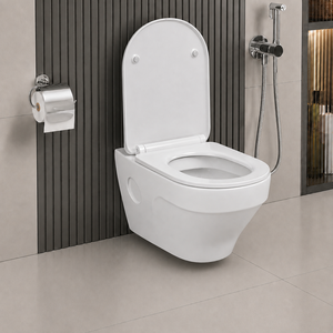 Inodoro de una Pieza Montado en la Pared con Asiento de Cierre Suave, Drenaje P-trap, Cerámica Blanca Ecológica, Diseño Moderno para Baños de Villas - Product Image 2