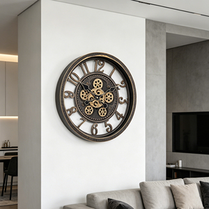 Moving gear wall <b>clock</b> 16 inch bronze vintage transparent skeleton flat frame with 3D numbers for home décor - Product Image 3