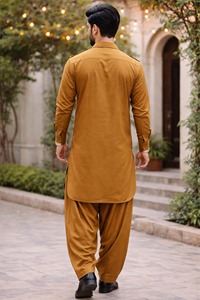 Conjunto de Kurta y Shalwar de Algodón Color Mostaza para Hombre, Corte Regular, Estilo Tradicional Indio-Pakistaní, Informal, para Todas las Temporadas, Sin Arrugas, Largo hasta el Tobillo - Product Image 5