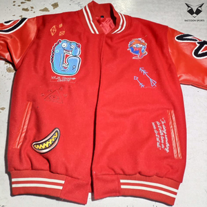 Red Color Casual <b>Long</b> Sleeve Single Button Wool & PU <b>Leather</b> Eco-Friendly Breathable Baseball Varsity <b>Jackets</b> - Product Image 2