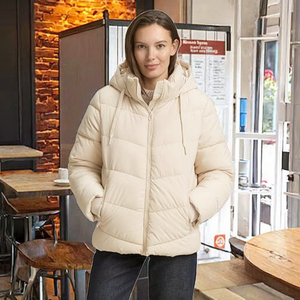 <b>Women's</b> <b>Beige</b> Breathable Canvas Quilted Puffer <b>Jacket</b> Full Sleeve Hooded Zipper Closure Winter Solid Color Regular Length Thick - Product Image 5