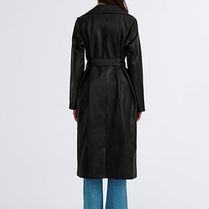 Ladies Vintage Long Style Belt Design Fish Leather Trench Coat with Fox Windproof Wholesale Custom Women Coat - Product Image 2