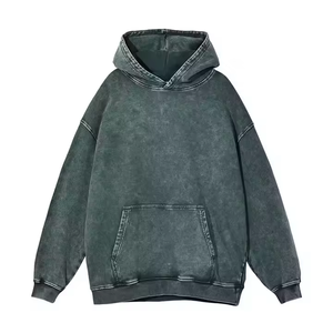 เสื้อฮู้ดดี้สีเขียวเข้มแบบย้อมสีสไตล์วินเทจสำหรับผู้ชาย ทรงโอเวอร์ไซส์ ไหล่ตก มีกระเป๋าจิงโจ้ สไตล์สตรีทแวร์ - Product Image 1