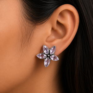 Wholesale Oxidized Silver Flower Shape Quartz Multi <b>Stud</b> <b>Earrings</b> Wholesale Bulk | Indian Ethnic Boho Factory Manufacturer - Product Image 4