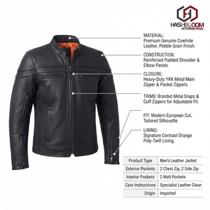 Veste de motard pour homme en cuir véritable de qualité supérieure, sur mesure, taille XS, style Cafe Racer, avec fermeture éclair, par Hashbloom International OEM. - Product Image 5