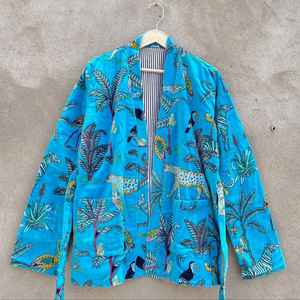 Blue Tropical Animal Print Cotton Boho <b>Jacket</b> Women Casual Open Front Long Sleeve <b>Lightweight</b> <b>Summer</b> Wear - Product Image 1
