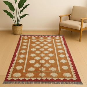 Tapis géométrique Kilim fait main, rectangulaire, en laine et acrylique, à poils plats, pour salon, avec support en jute, fabriqué en Inde - Product Image 1