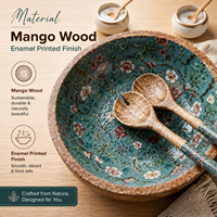 Bol à salade écologique en bois de manguier imprimé émail floral, fait main, sûr pour les aliments, pour fêtes, fruits, salades, cuisine et salle à manger