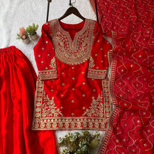 Ensemble Salwar Sharara Dupatta Rouge Lourdement Brodé pour Femme, Style Pakistanais, Tenue de Mariage et de Fête, Créateur, Séchage Rapide - Product Image 1