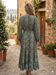 Vestido Maxi Bohemio Natural Y2K de Talla Única, Tejido en India, de Seda, Corte A, para Uso Diario, Dulce, Veraniego, con Cuello Redondo, Manga Larga, Volantes, Sexy - Product Image 3