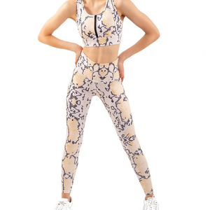 <b>Women</b> Yoga Set High Waist <b>Leggings</b> Quarter Zip Square Neck <b>Crop</b> Top Full Length Seamless Breathable Print Spandex Polyester Set - Product Image 1
