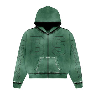 Ensemble de survêtement streetwear personnalisé, effet délavé à l'acide, avec fermeture éclair, appliqué, broderie usée et patch, comprenant un sweat à capuche court et un pantalon de survêtement - Product Image 4