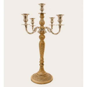 5 Arm Wooden and <b>Silver</b> Metal Candelabra Tall <b>Candlestick</b> Holder Tabletop Centerpiece Stand for Wedding Party and Hotel Decor - Product Image 3