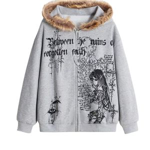 เสื้อฮู้ดซิปแต่งขนเฟอร์สำหรับผู้หญิง สีเทา พิมพ์ลายกราฟิกอนิเมะ ทรงโอเวอร์ไซส์ สไตล์ฮาราจูกุ Y2K กอธิค สตรีทแวร์ - Product Image 1