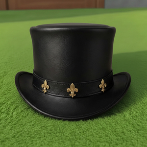 Chapeau haut-de-forme en cuir noir fait main de qualité supérieure, avec accents en laiton Fleur de Lys, style steampunk victorien gothique - Product Image 4
