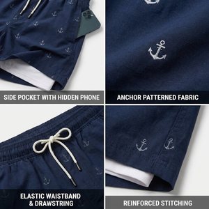 Shorts de bain décontractés pour hommes, séchage rapide, avec doublure intérieure en maille, imperméables, 100 % coton, anti-UV, fermeture à cordon, imprimé ancre noire, vente en gros - Product Image 6
