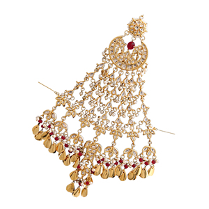Pince à cheveux réglable en alliage de zinc de style ethnique avec perles rouges et chaînes dorées pour mariages et occasions nuptiales, faite à la main - Product Image 3