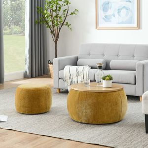 Pouf Contenitore Rotondo 2 in 1 Giallo Scuro (63,5x63,5x37,3 cm) - Piccolo Tavolino e Pouf Funzionale - Product Image 1