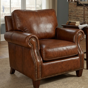 Fauteuil individuel confortable en cuir véritable, style classique avec accoudoirs roulés et garniture cloutée, pour salon et mobilier de maison - Product Image 1