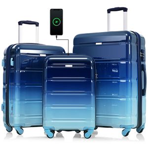 Set portabagagli USB da 20 pollici con supporto per portabicchieri blu gradiente certificato compagnia aerea con ruote a Spinner a guscio rigido ABS + PC - Product Image 1