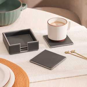 Indischer Lieferant Kunstleder-Matten & -Untersetzer Einzigartige Tassenförmige Tee- und Kaffee-Untersetzer Leder-Holz-Untersetzer-Set mit Halter - Product Image 6