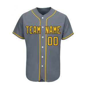 Camiseta de béisbol gris personalizada con nombre y número amarillos, estampado por sublimación, manga corta para hombre, estilo hip hop. - Product Image 1