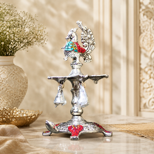 Lampe à huile religieuse décorative en pierre polie argentée, figurine d'oiseau, tortue Diya sur piédestal, pour la décoration des temples - Product Image 4