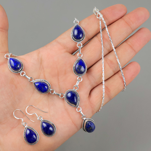 Wholesale 925 Sterling Silver Plated Natural Lapis Lazuli Gemstone Teardrop Multi-Stone <b>Necklace</b> and <b>Matching</b> Earrings Jewelry - Product Image 1