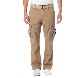 Men's Khaki Canvas Cargo Pants With Multiple Pockets Casual Workwear Style Mid Waist Button Fly Autumn Wear - Product Image 1