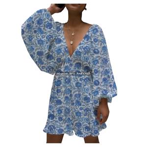 Vestido casual de algodón con estampado a mano, cuello en V profundo y tirantes sexys, talla regular, estilo linternas, para mujer, ¡el más vendido! - Product Image 2