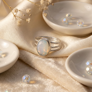 Opalite Gemstone <b>Ring</b> | Oval Cut Silver Plated Handmade Brass <b>Ring</b> for Women Bohemian Style Geometric Design - Product Image 1