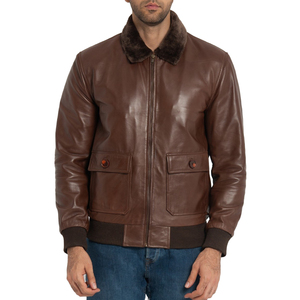 Men's Brown Genuine Leather Bomber Jacket Stand Zipper Closure Waterproof Winter Windproof Front Moto Biker Style Factory Price - Product Image 1