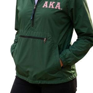 Dark Green Women Pack able Hooded Pullover Windbreaker with <b>Pink</b> Letter Patch Lightweight Half Zip Outdoor Casual <b>Jacket</b> Wear - Product Image 3