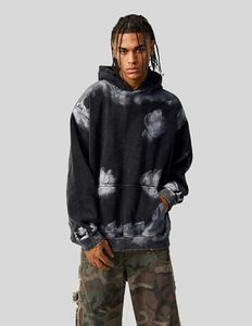 Sudadera con Capucha para Hombre, Estilo Vintage, Lavado Ácido, Tie Dye, Negra, con Bolsillo Tipo Canguro, Ropa Urbana, Marca Privada - Product Image 3