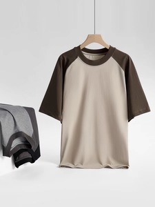 T-shirt homme à manches raglan, 100% coton jersey, col rond, bordure contrastée, couleur unie, coupe ample décontractée, style streetwear américain - Product Image 3